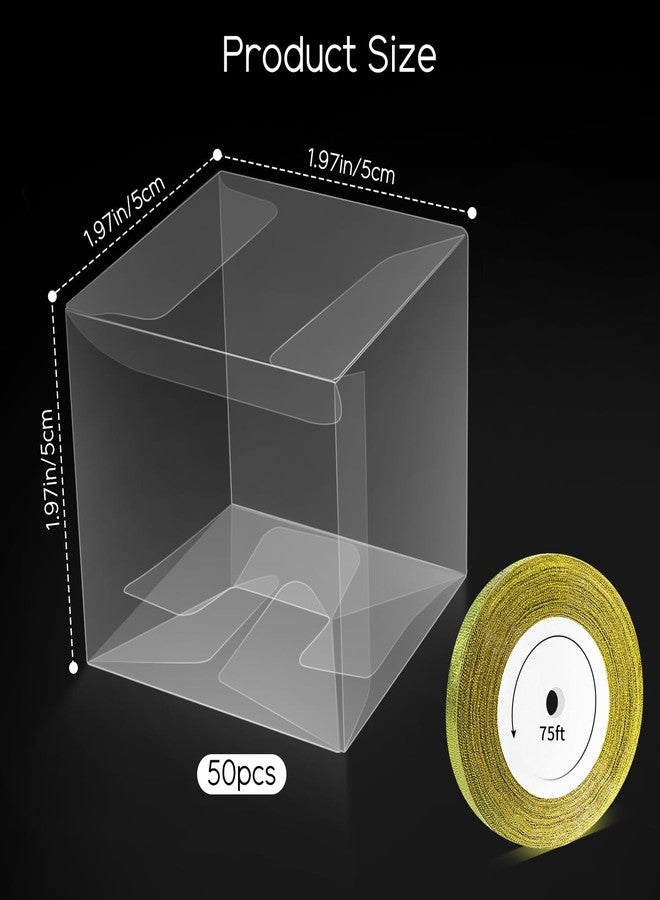 Quadafy 50 Pack Clear Candy Boxes, 2x2x2 Inches Favor Boxes, Transparent Plastic Gift Box With Ribbon, Clear Favor Boxes for Treats, Party Favors - Image 2